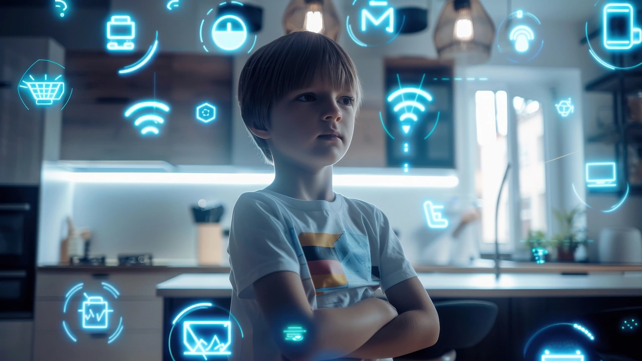 Enfant dans une cuisine connectée illustrant l’exposition domestique aux ondes